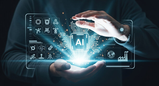 Person holding ai interface with glowing chip and various icons in a futuristic display panel