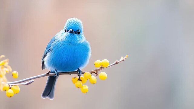 Vibrant blue bird perched on branch with yellow berries