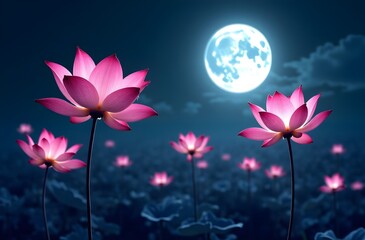Obraz premium Lotus Garden Background Under Moonlight with Petals Dissolving in Ink-Stained Storybook Style