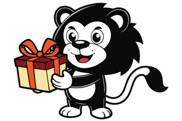 Animated smiling lion character is happily presenting a gift box with orange ribbon