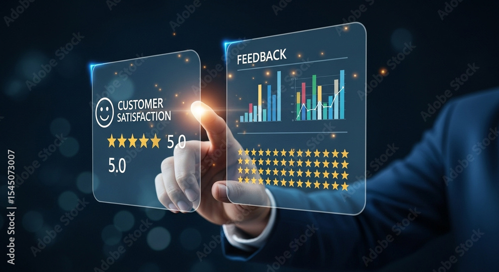 Aufkleber man interacting with customer satisfaction interface showing feedback and star ratings on screen