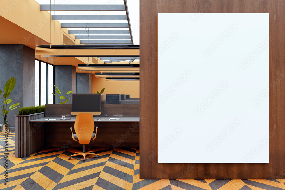 Poster modern luxury office interior with empty vertical mockup canvas on wooden wall and stylish workspace