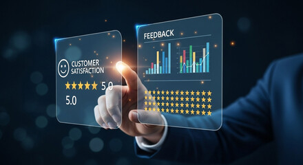 Man interacting with customer satisfaction interface showing feedback and star ratings on screen