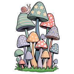 Colorful cartoon mushrooms, like agaric and toadstools, illustrate a vibrant forest floor scene with green grass and autumn leaves