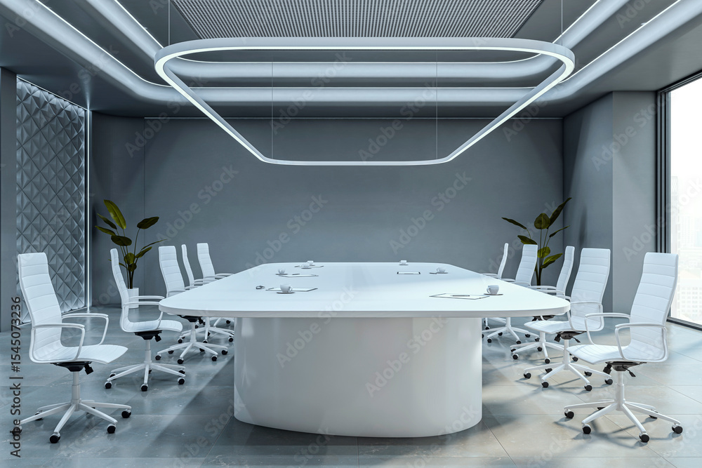 Poster modern sleek empty conference room with futuristic white furniture and large window city view in con