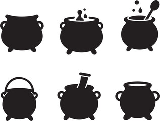 Set of black silhouettes of witch cauldron with magic poison brew vector silhouette, witch cauldron silhouette, cauldron silhouette vector art illustration