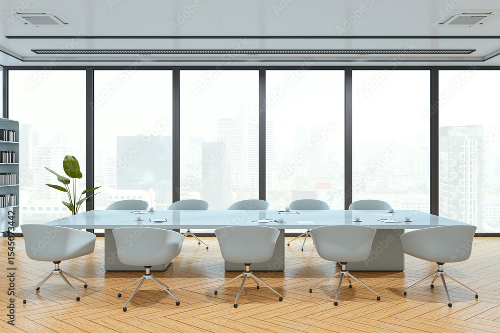 Poster modern bright boardroom interior with minimalist design, large windows, and city view showcasing emp