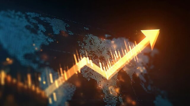 Rising Arrow of Financial Growth: An upward-pointing arrow of gold illuminates a globe, symbolizing financial progress and business development with strategic insight.