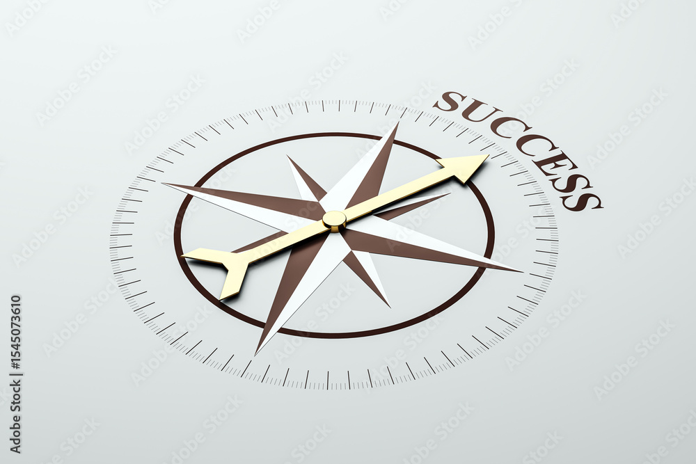 Poster compass needle pointing to success with gold arrow and modern design on light background, symbolizin