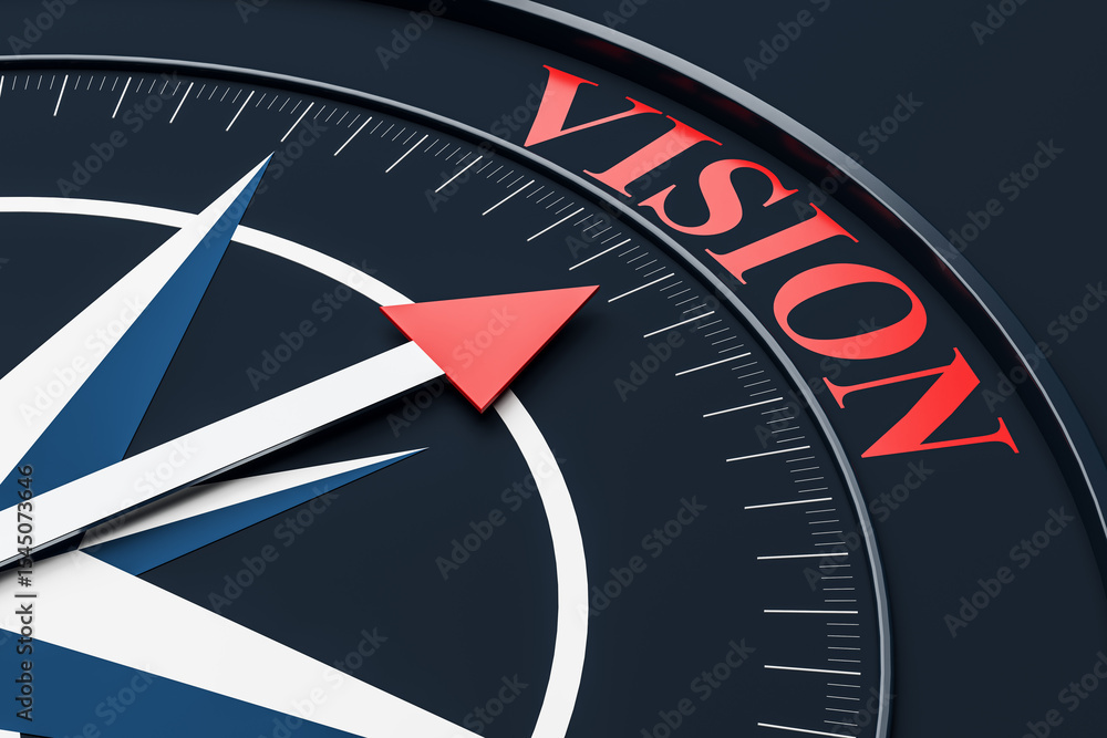 Poster close-up of a red arrow compass pointing toward the word 