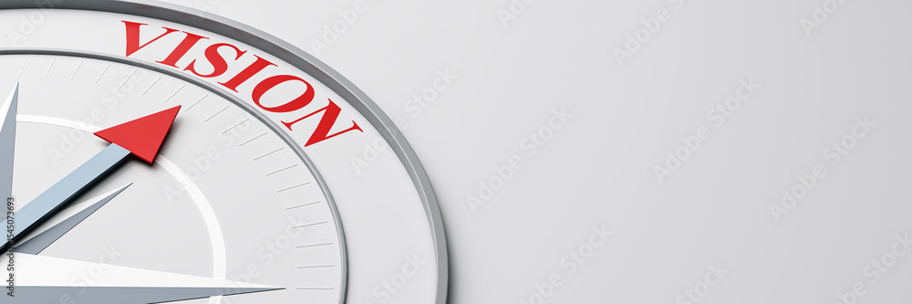Aufkleber compass with red arrow pointing to word vision on clean light background, symbolizing leadership, st