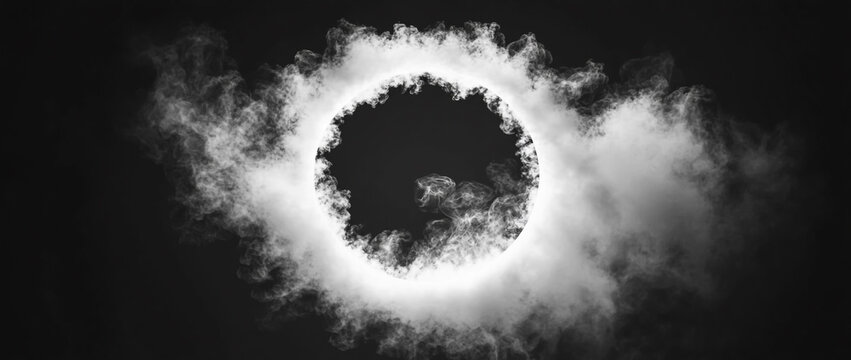White cloud-like ring shape floating on a black background, a cloud with a portal gate concept, white and gray smoke cloud in a circular frame, isolated on a black background.