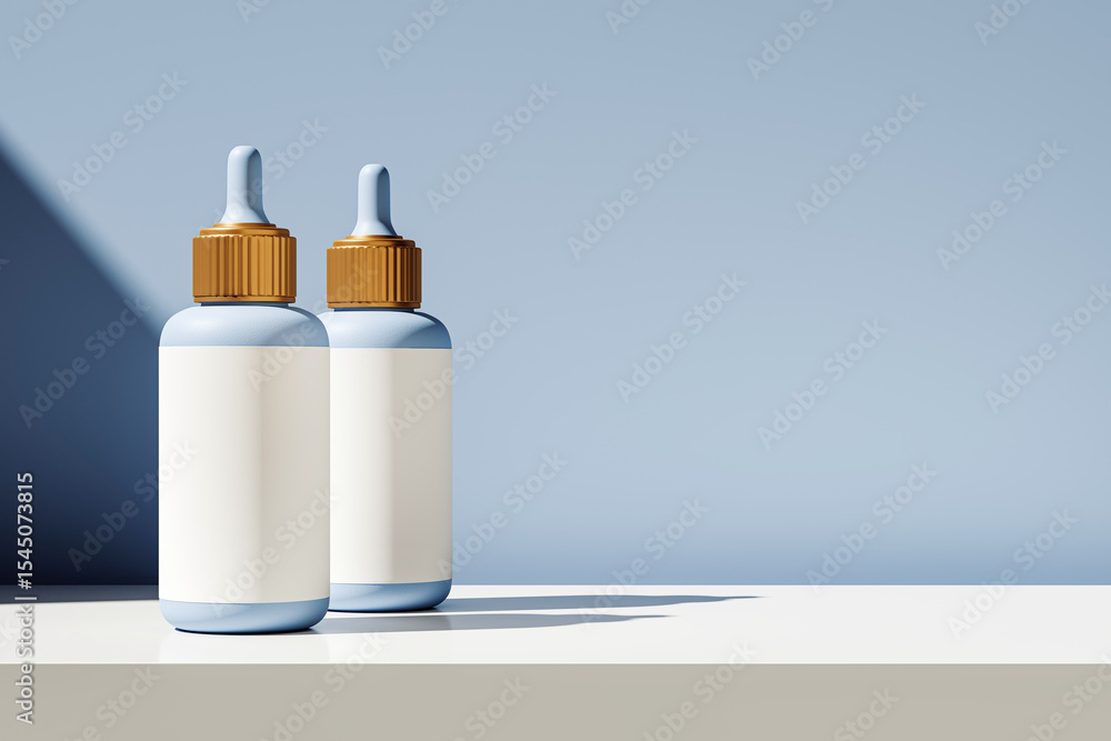Poster Two blank cosmetic dropper bottles with gold caps on white surface and blue gradient background for branding or product presentation mockup. 3D Rendering