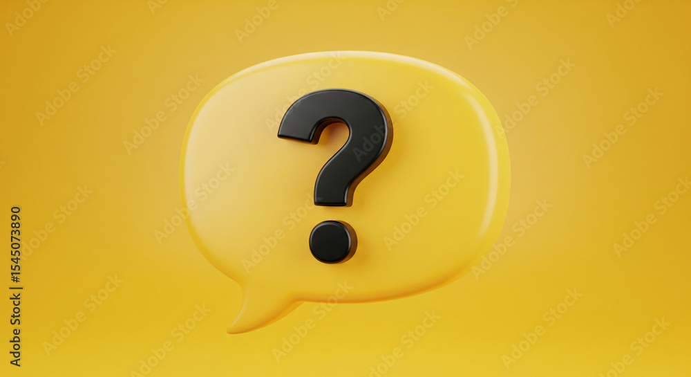 Poster yellow speech bubble with black question mark, 3d rendering, simple design, representing inquiry, qu