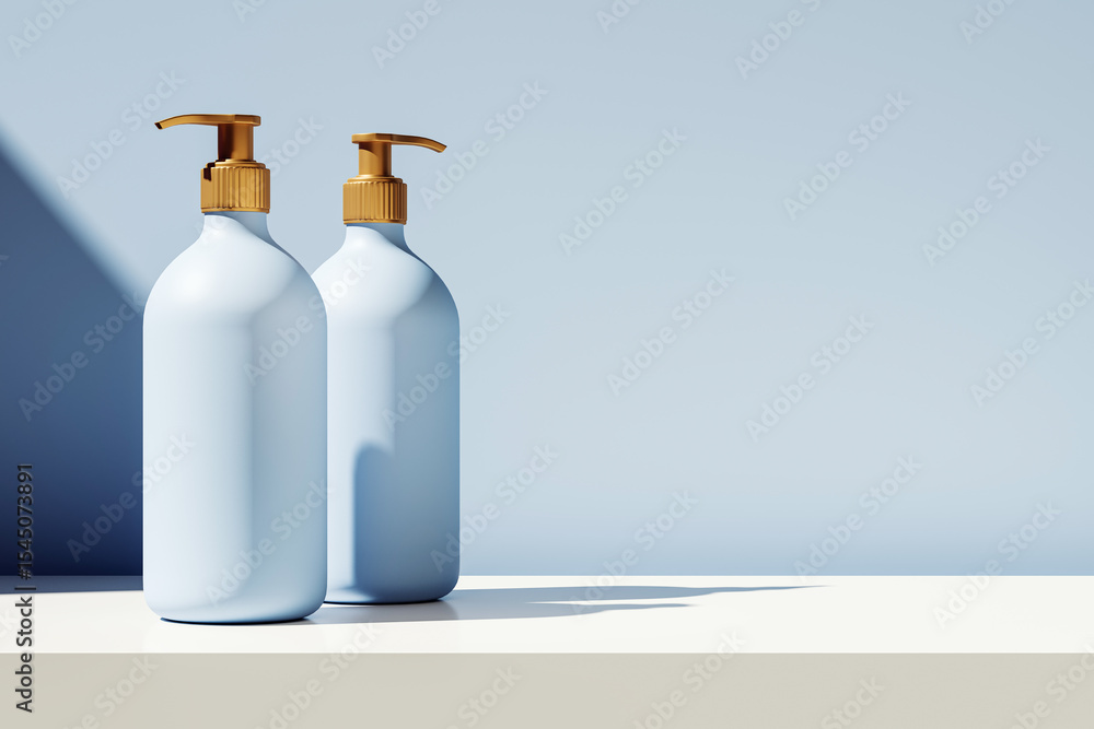 Poster two blank cosmetic pump bottles on white surface with shadows, minimalist branding mockup design on 