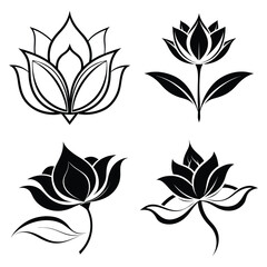 Four stylized black floral designs on white background elegant botanical illustrations simple