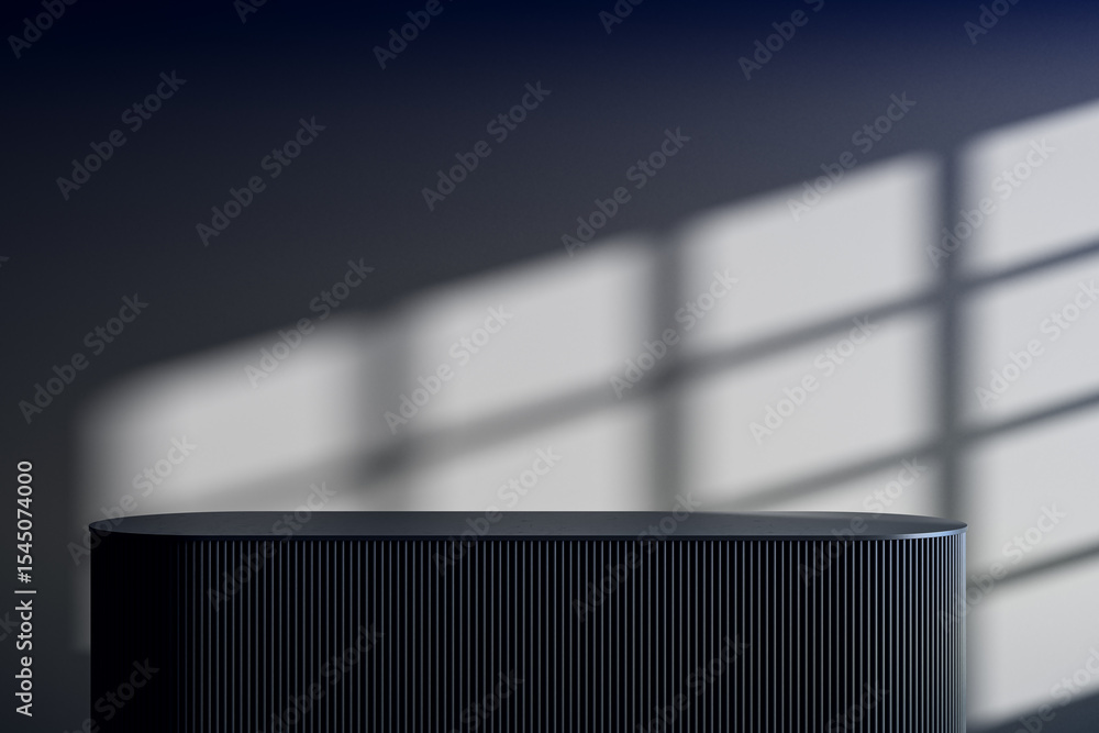 Poster dark ribbed podium in modern interior with sunlight casting window shadows on wall in minimal luxury
