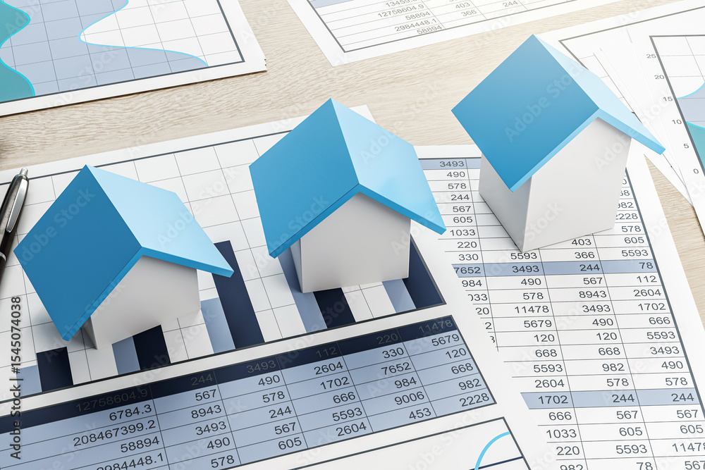 Poster real estate market analysis concept with miniature house models on charts and spreadsheets on light 