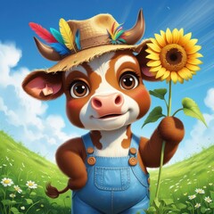 Fototapeta premium Cute Cow Holding Sunflower, Cartoon Character, Sunny Day, Cheerful Farm Animal