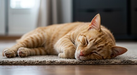 Ginger tabby cat napping peacefully on rug