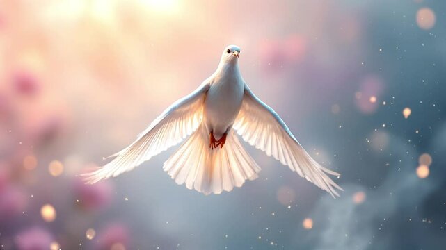 White dove in flight with wings spread wide in soft light