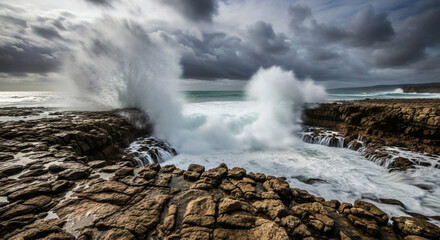 Dynamic Ocean Waves Crash Against Rocky Shoreline, Nature Scene, Coastal Landscape, Dramatic Weather