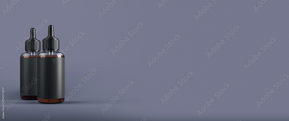 Poster two black dropper bottles with blank labels for cosmetic or medical branding mockup on dark gradient