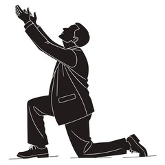 Silhouette of a businessman in a suit on his knees and begging with raised arms on white background