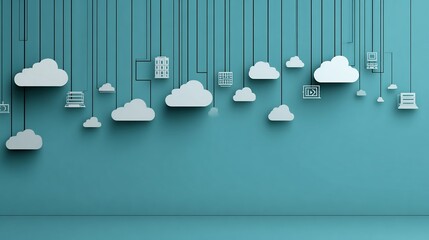 Cloud enterprise business background digital architecture layout API integration icons and server connection lines in minimal vector format