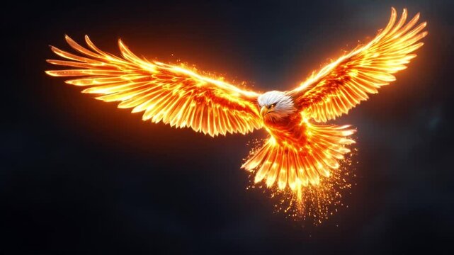 Fiery eagle in flight glowing wings dark background