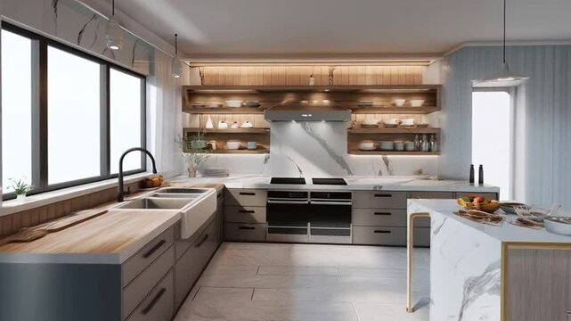 A 360-degree camera turns to show the kitchen