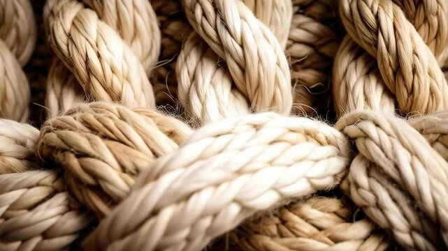 Closeup of intertwined ropes with intricate braiding pattern creating a textured background for nautical themes and decorative designs
