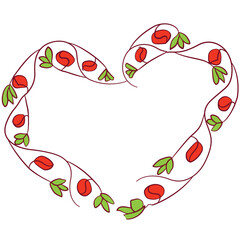 Line art heart shape frame with leaves and red buds