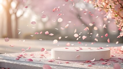 Elegant white pedestal with falling pink cherry blossoms