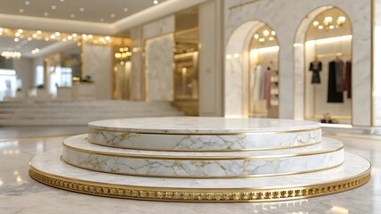 Obraz premium Elegant three tiered marble display stand in luxurious boutique setting