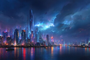 Obraz premium Urban skyline illuminated at night showcasing futuristic architecture and vibrant city life in a bustling metropolis