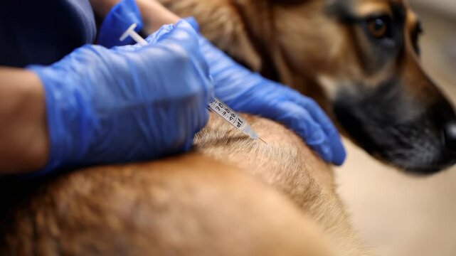 Pet receiving dog injection at vet appointment. Calm dog during injection handled by professional vet. Medical dog injection procedure ensures canine health.