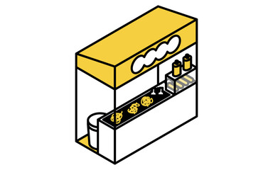Isometric line art illustration of a yakisoba food stall, simple summer festival icon