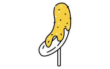 Isometric line art illustration of a chocolate-covered banana, simple summer festival sweet icon