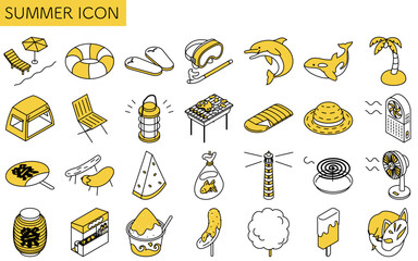 Isometric line art illustration of simple summer icon set including beach, camping, and festival elements