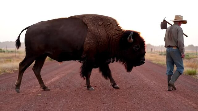 A man dressed in cowboy attire, holding a shovel or farming tool, walks on a rural red dirt road at sunrise. On the opposite side, a large bison faces him, creating a powerful and dramatic scene that 
