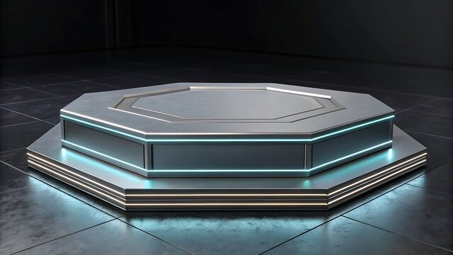 Futuristic octagonal metal platform with neon lights for product display