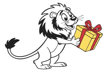 Cartoon lion brings a yellow gift with a red ribbon and a happy expression
