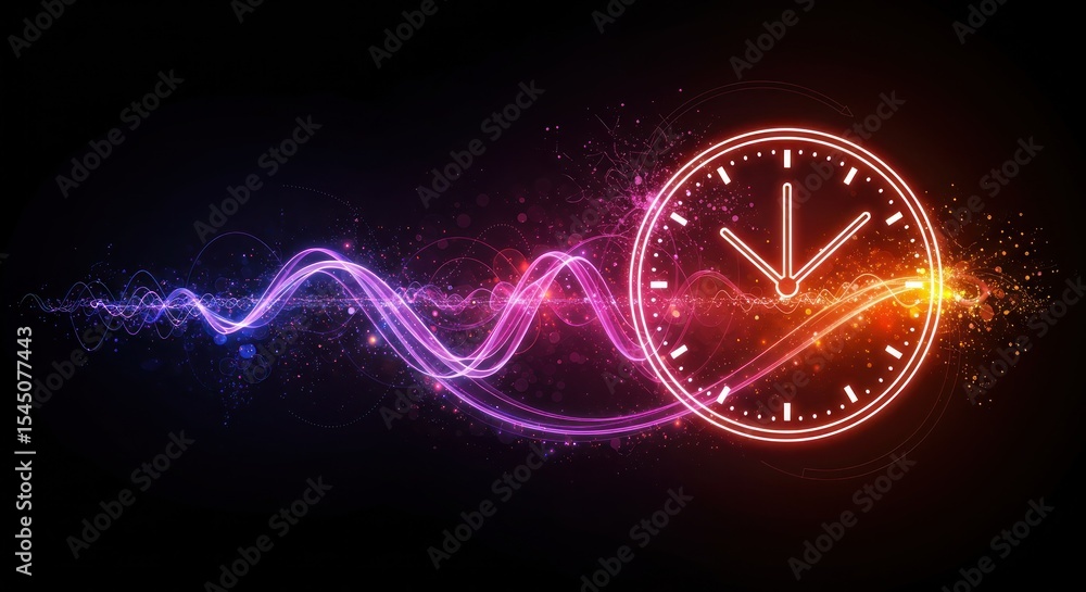 Poster glowing clock with luminous waveforms