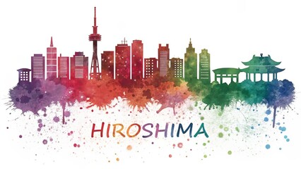 Colorful Hiroshima Skyline Watercolor Silhouette with Buildings and Landmarks
