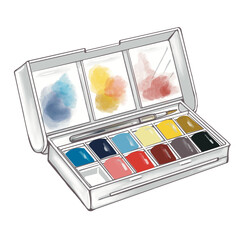 Hand drawing illustration of colorful half pan watercolor palette. Object with no background.