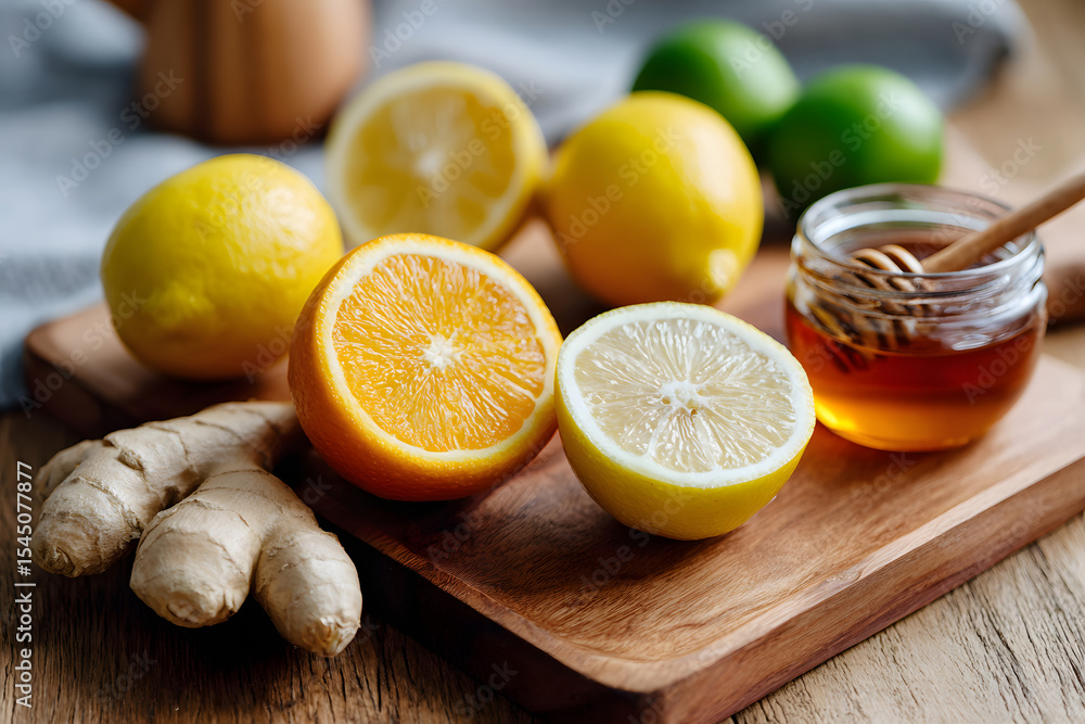 Poster citrus fruits and ginger with honey for boosting immunity generative ai