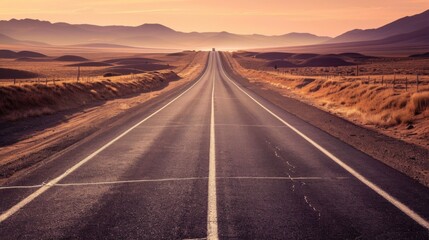 Endless road through scenic landscape at sunset.