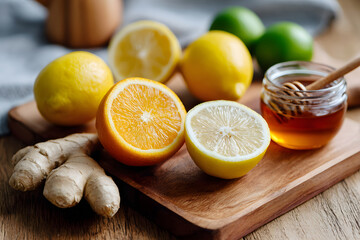 Citrus fruits and ginger with honey for boosting immunity Generative AI