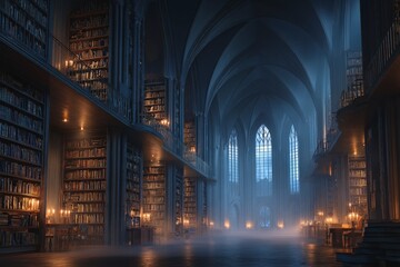 Majestic library with towering shelves and candlelight illuminating ancient books in a Gothic architecture setting at dusk